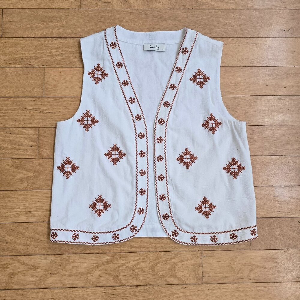 Sadie x Sage | Kyleigh white terracotta boho embroidered whimsy vest | WMS S